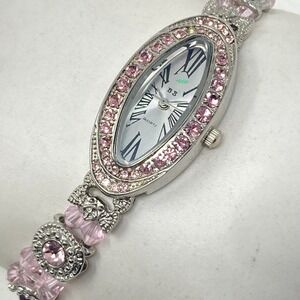 Pink Bling Watch Women 18mm Silver Tone Oval Crystals Pave New Battery 6.5"